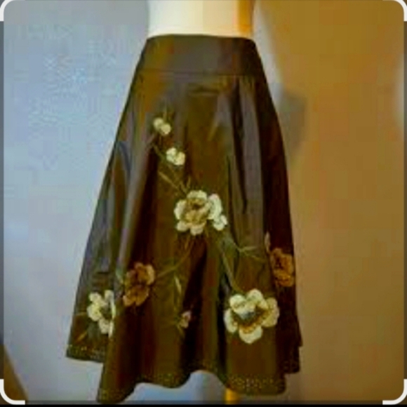 Boden Silk Olive Green Cream Floral Embroidered Sequined Bohemian Skirt 14 - Picture 2 of 10